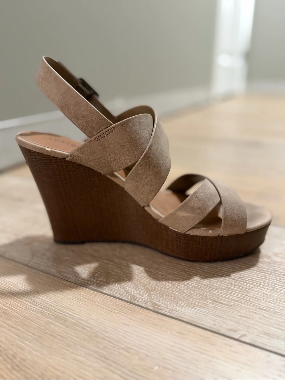 Women's Taupe Crossband Wedge Sandals with Ankle Strap